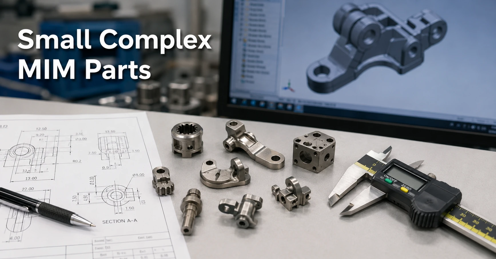 Small complex MIM metal parts arranged with engineering drawings and inspection tools for manufacturability review.