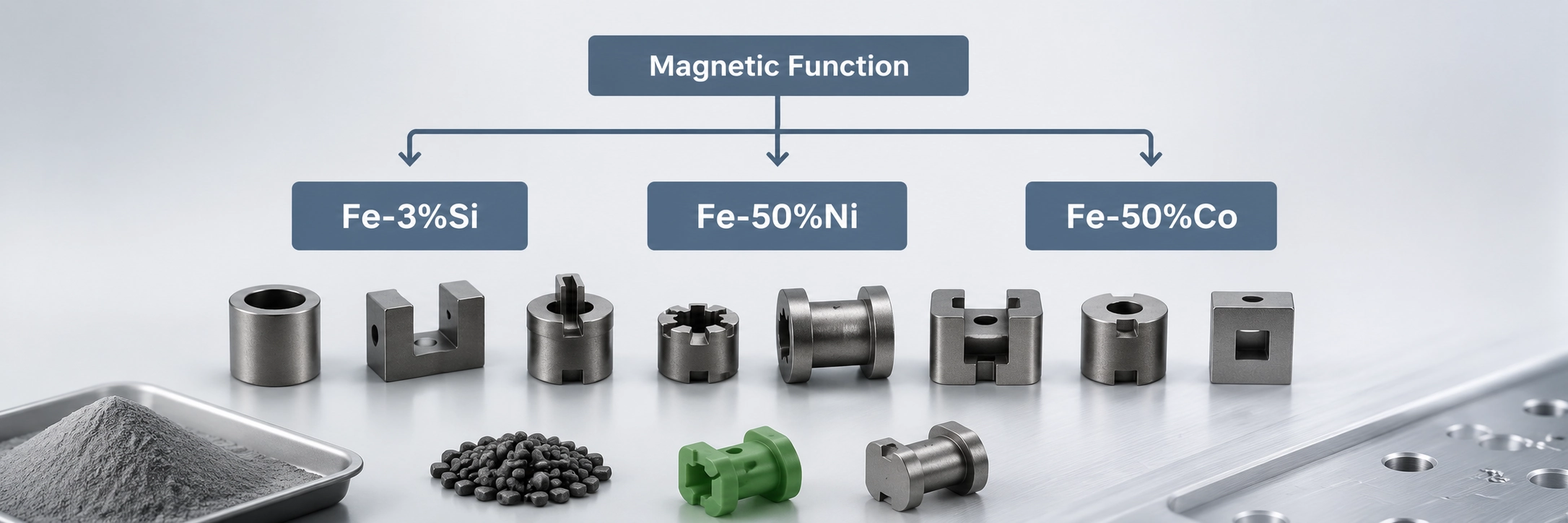 Übersicht über die Auswahl weichmagnetischer MIM-Werkstoffe mit Darstellung der magnetischen Funktion, kompakter MIM-Teile sowie der Werkstoffrichtungen Fe-3%Si, Fe-50%Ni und Fe-50%Co