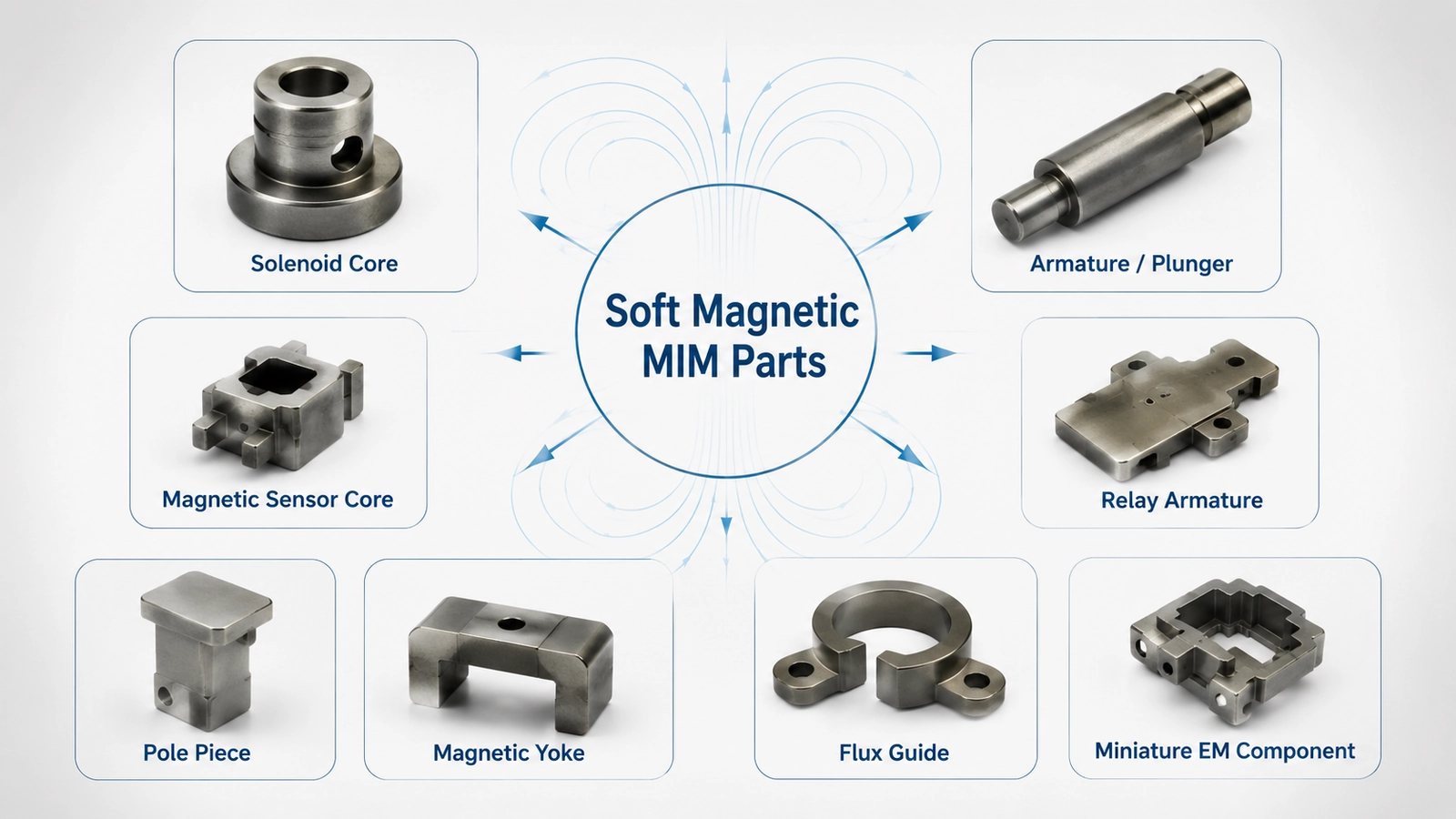 Soft magnetic MIM parts overview showing solenoid cores, armatures, sensor cores, pole pieces, yokes, flux guides, and miniature electromagnetic components