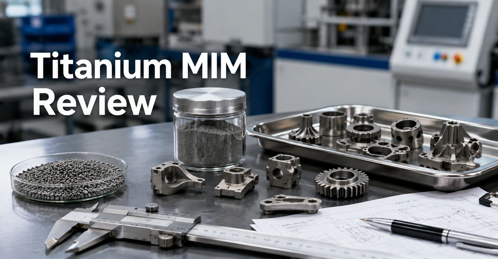 Small titanium MIM parts, feedstock pellets and engineering review tools arranged for titanium alloy material selection.