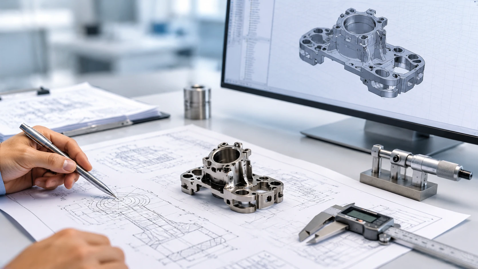 MIM drawing and DFM review scene with a complex metal part, CAD model, and engineering inspection tools