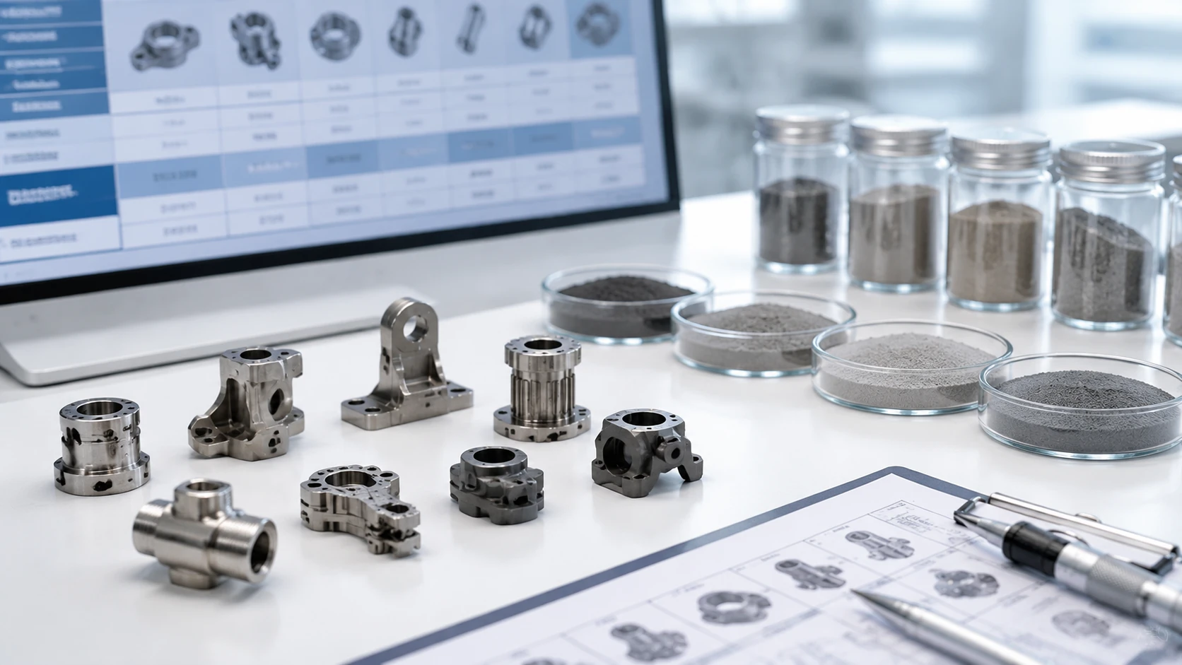 MIM material selection scene with precision metal parts, powder samples, and engineering comparison context