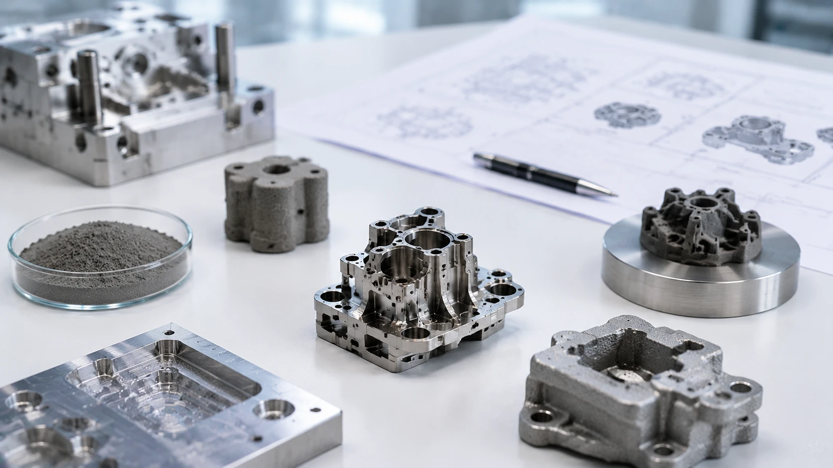 Process selection review scene for MIM with a complex metal part and different manufacturing context cues