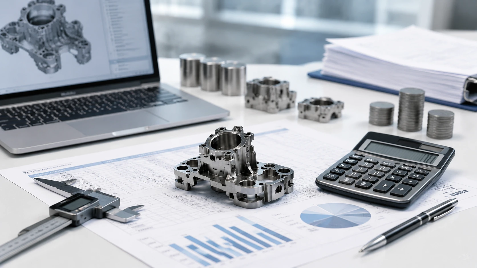 MIM cost and RFQ preparation scene with metal parts, tooling cue, and engineering quotation review setup