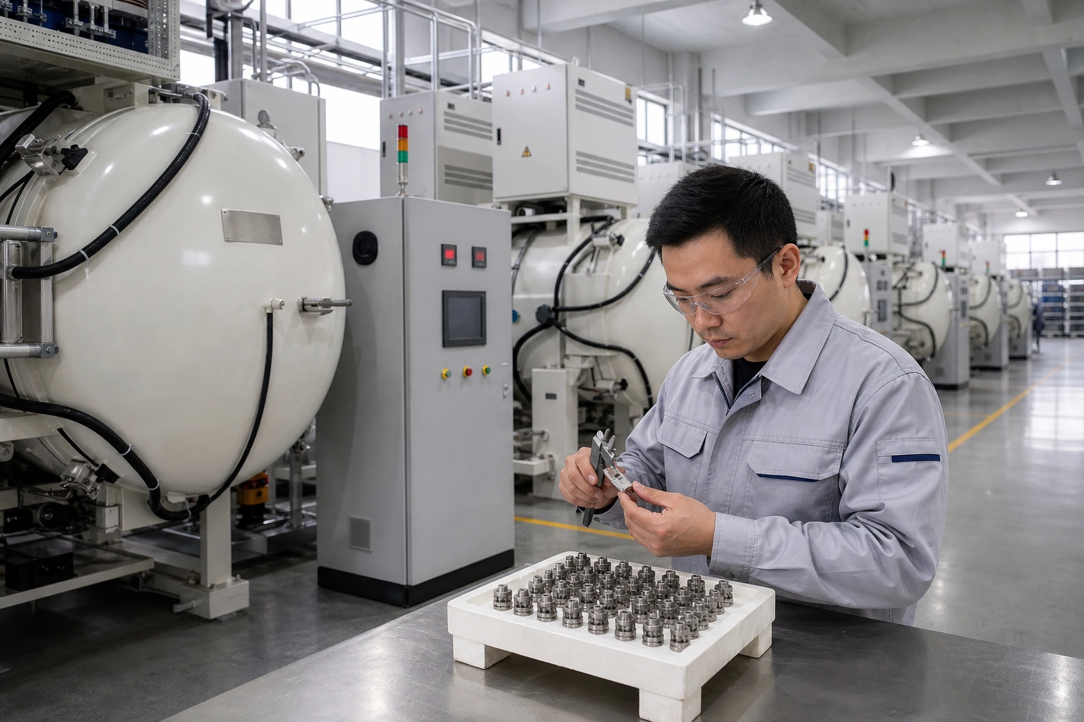MIM engineer inspecting small sintered metal parts in a clean sintering workshop