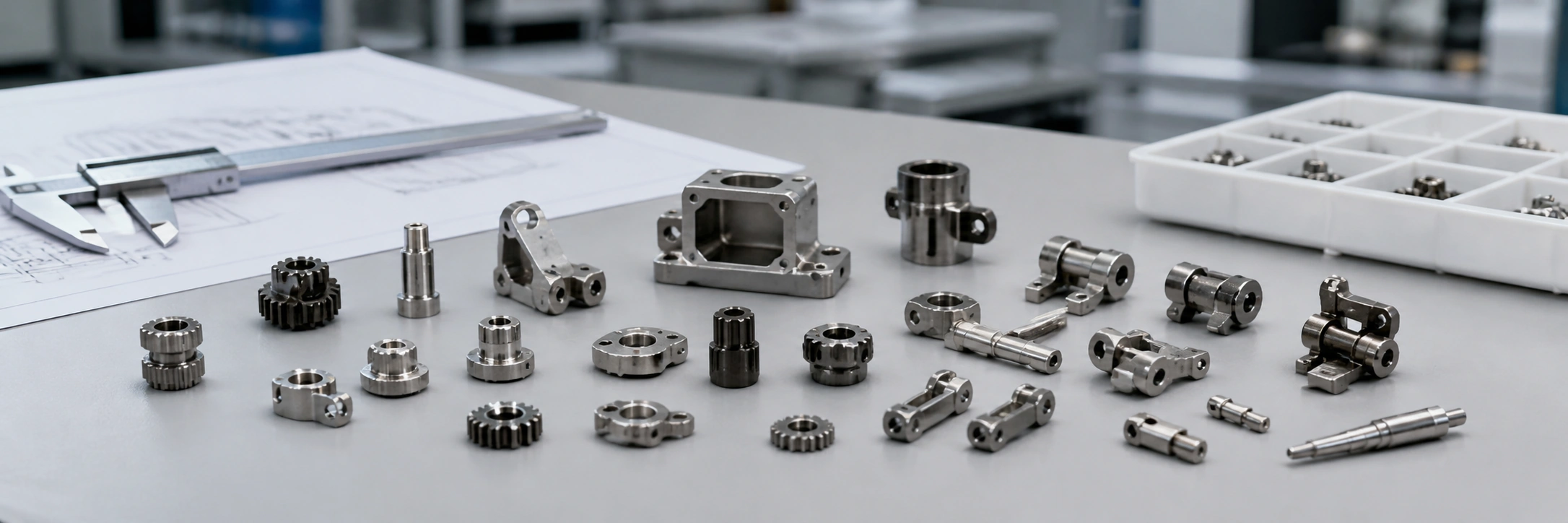 Small complex MIM parts including gears, hinges, brackets, shafts, pins and compact housings arranged on an engineering inspection table.