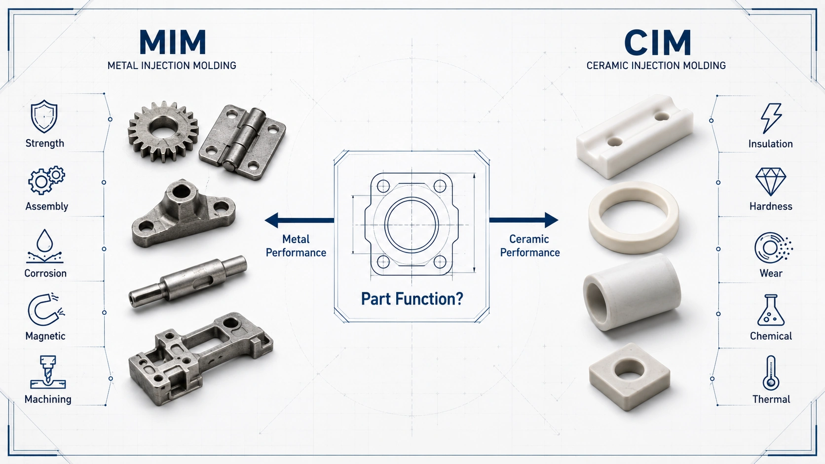 Engineering selection map comparing MIM metal performance and CIM ceramic performance for precision part design review