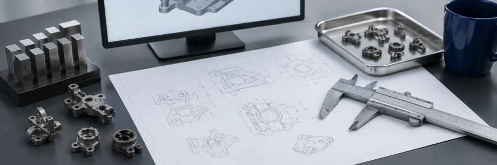 مكتب مراجعة هندسي مع رسم بأسلوب الصب، ومكونات معدنية صغيرة بتقنية MIM، ومرجع نموذج ثلاثي الأبعاد، وأدوات قياس لمراجعة ملاحظات التفاوت.