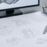 مكتب مراجعة هندسي مع رسم بأسلوب الصب، ومكونات معدنية صغيرة بتقنية MIM، ومرجع نموذج ثلاثي الأبعاد، وأدوات قياس لمراجعة ملاحظات التفاوت.