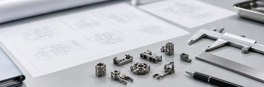 Bureau d'examen technique avec un dessin de style fonderie, de petits composants métalliques et des outils d'inspection pour évaluer si une pièce peut passer à la production MIM.