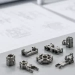 Bureau d'examen technique avec un dessin de style fonderie, de petits composants métalliques et des outils d'inspection pour évaluer si une pièce peut passer à la production MIM.