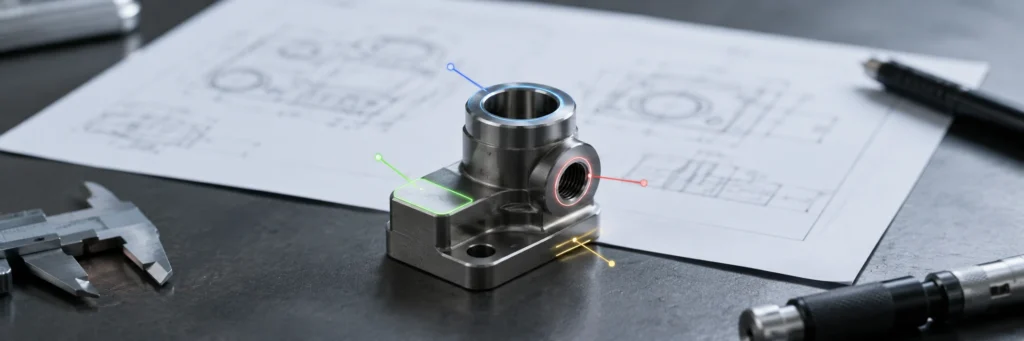 مكتب مراجعة هندسية يعرض جزءًا معدنيًا صغيرًا ورسمًا يُستخدم لتحديد ميزات CNC التي يجب أن تبقى مشغلة آليًا بعد التحويل إلى MIM.