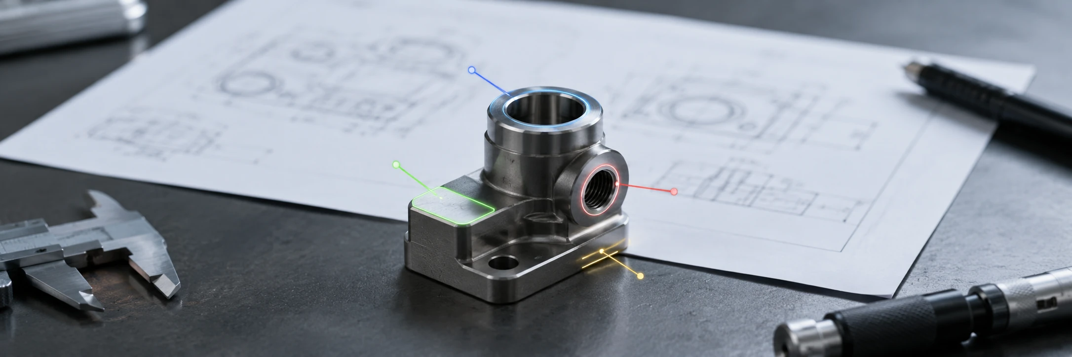 Engineering review desk showing a small metal part and drawing used to decide which CNC features should stay machined after MIM conversion.