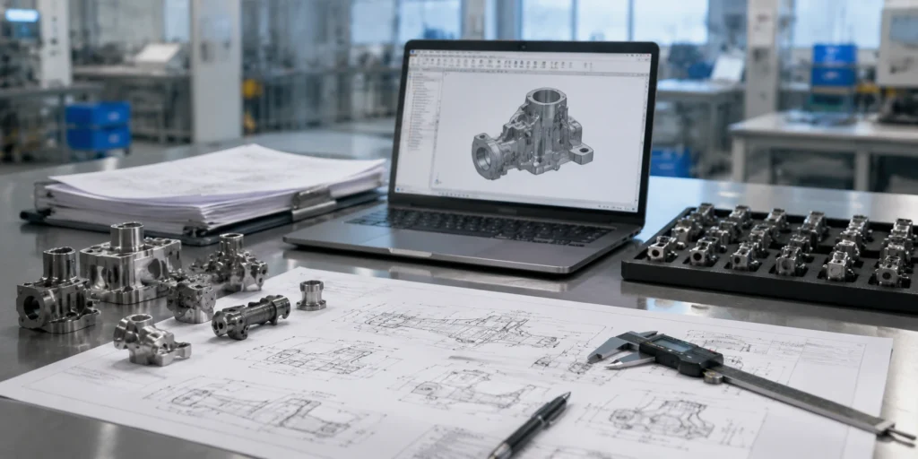 Escritorio de revisión de ingeniería con plano CNC, calibrador y pequeños componentes metálicos estilo MIM para verificar dimensiones críticas antes de cambiar a moldeo por inyección de metal.