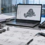 Escritorio de revisión de ingeniería con plano CNC, calibrador y pequeños componentes metálicos estilo MIM para verificar dimensiones críticas antes de cambiar a moldeo por inyección de metal.
