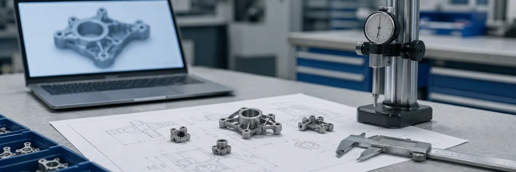 Escritorio de revisión de ingeniería con plano CNC, calibrador y pequeños componentes metálicos estilo MIM para verificar dimensiones críticas antes de cambiar a moldeo por inyección de metal.