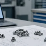 Escritorio de revisión de ingeniería con plano CNC, calibrador y pequeños componentes metálicos estilo MIM para verificar dimensiones críticas antes de cambiar a moldeo por inyección de metal.