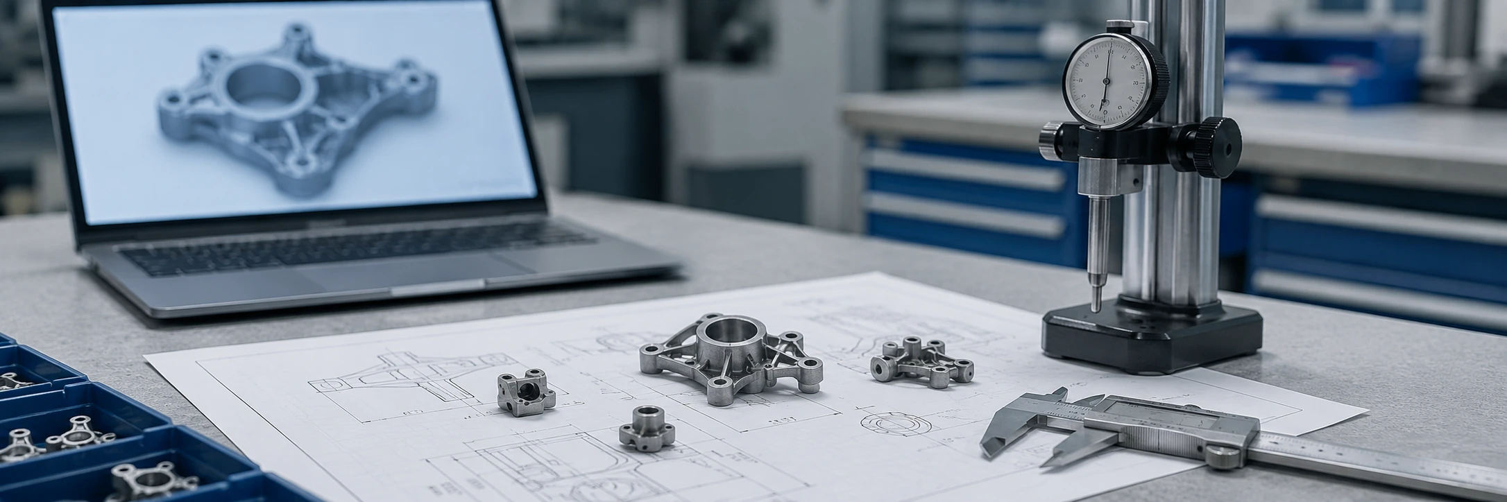 Pieza metálica mecanizada por CNC, plano técnico y muestras MIM preparadas para revisión de ingeniería antes de la discusión de herramental MIM.