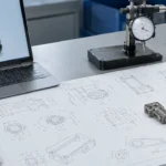 مكتب هندسي يحتوي على نموذج CAD ورسم ثنائي الأبعاد ومكونات معدنية صغيرة مُعدة لمراجعة تكلفة MIM مقابل CNC.