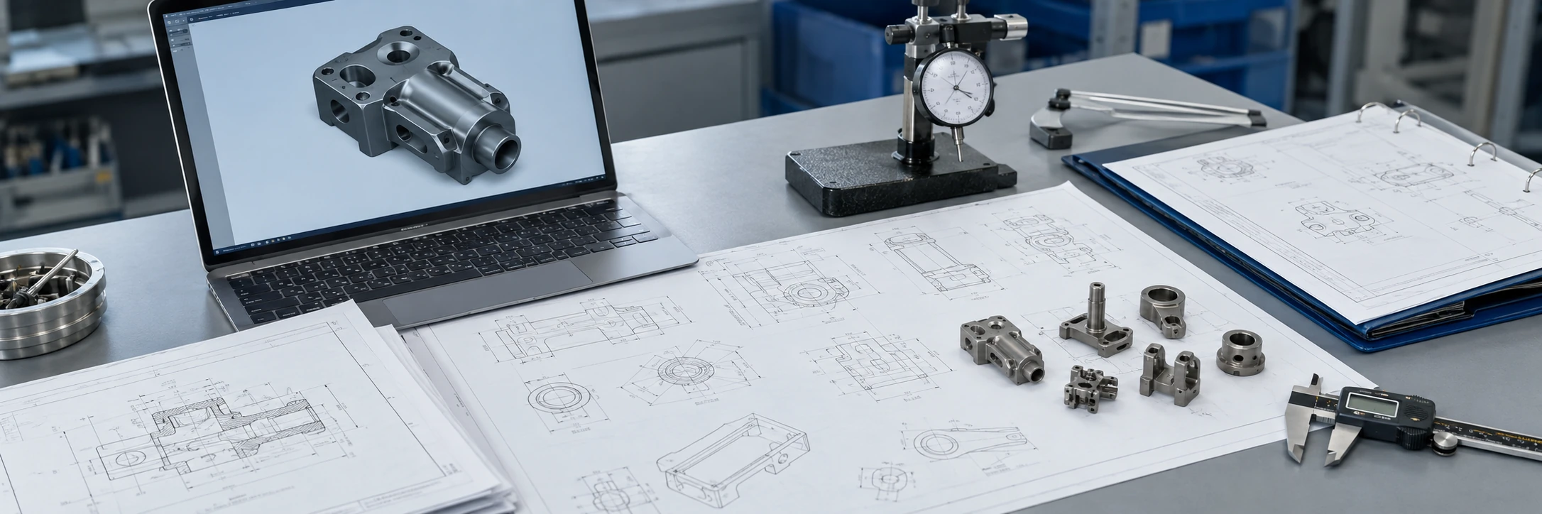 Engineering desk with CAD model, 2D drawing, and small metal components prepared for a MIM vs CNC cost review.
