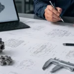 مشهد مراجعة رسومات هندسية مع رسومات فنية وأجزاء معدنية صغيرة وأدوات فحص قبل اختيار MIM أو الصب بالقالب.