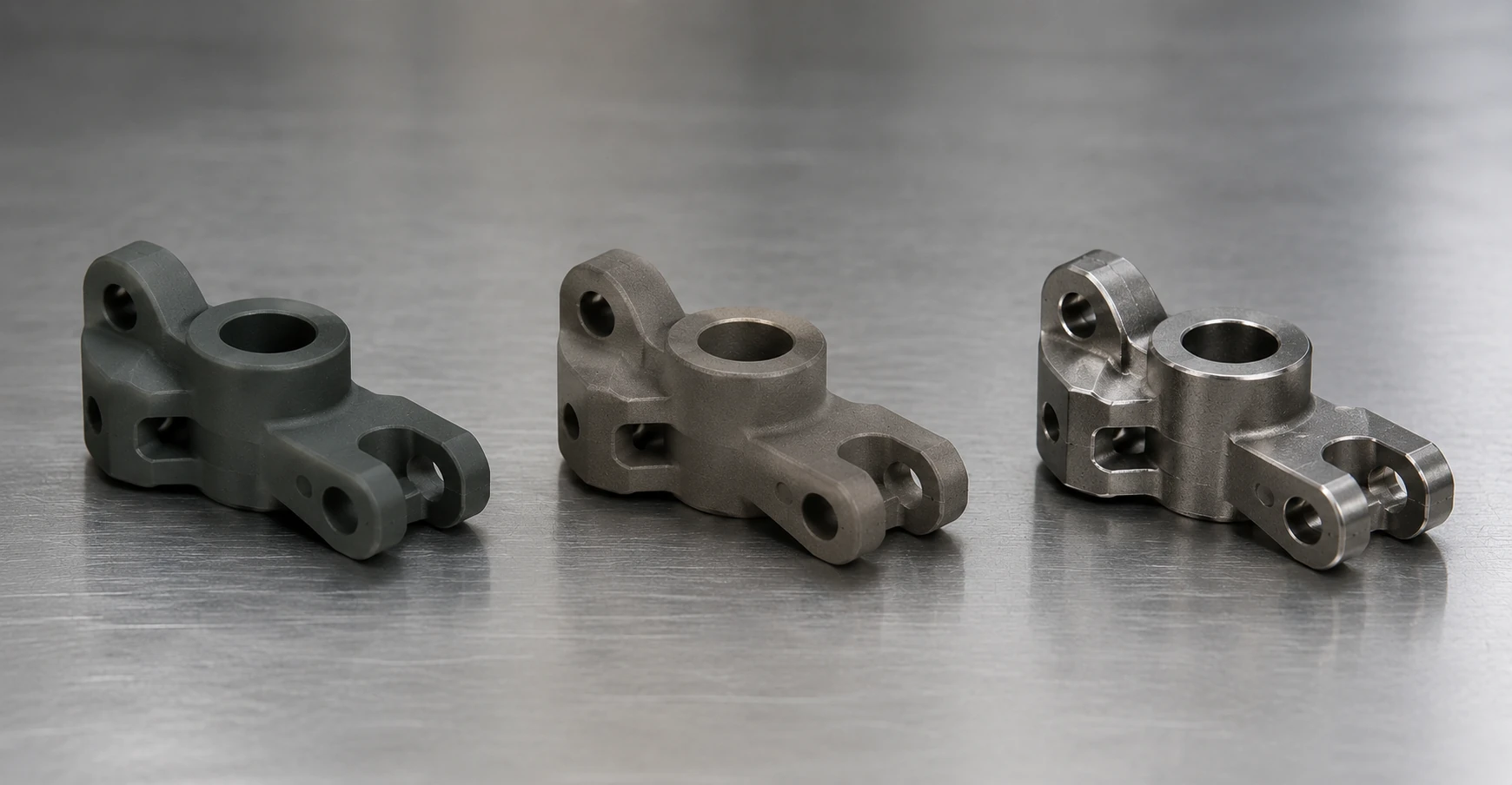 Peças MIM verdes, marrons e sinterizadas mostrando diferentes estados do material durante a moldagem por injeção de metal