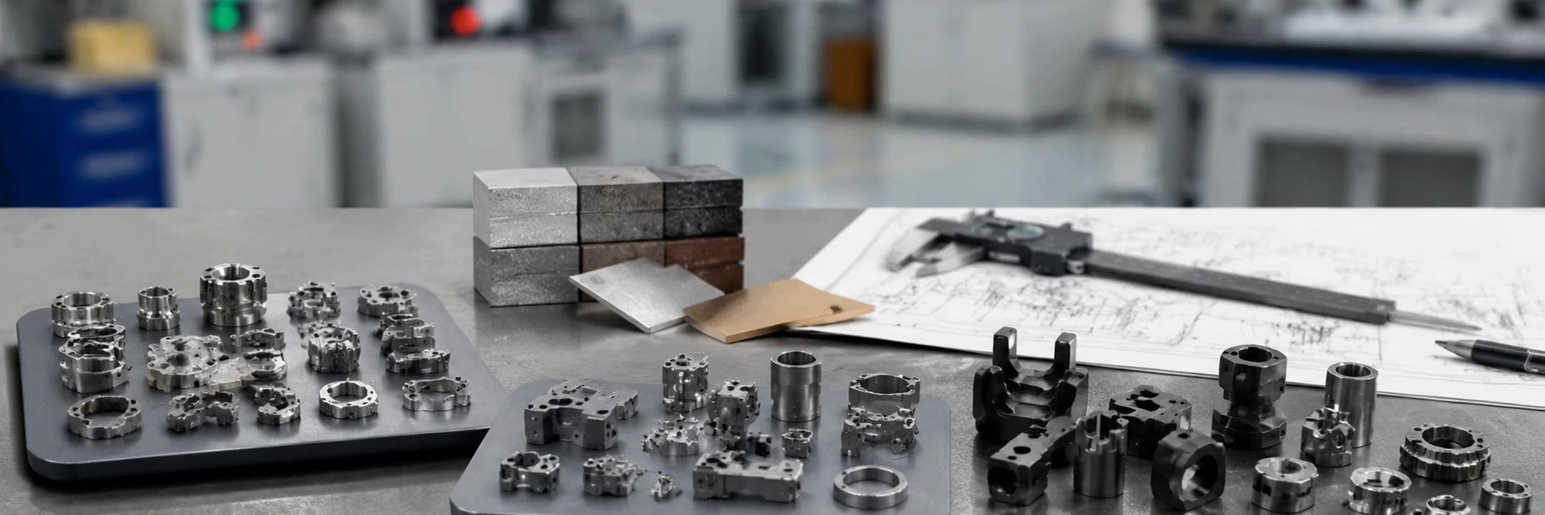 Small heat treatable MIM metal parts arranged with material samples and inspection tools for engineering review before heat treatment selection.