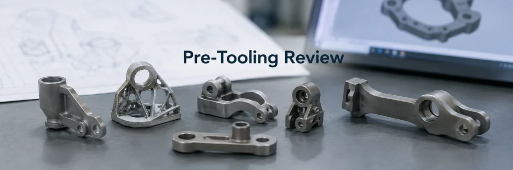 Metal 3D printed prototype and MIM engineering review setup for pre-tooling design validation.