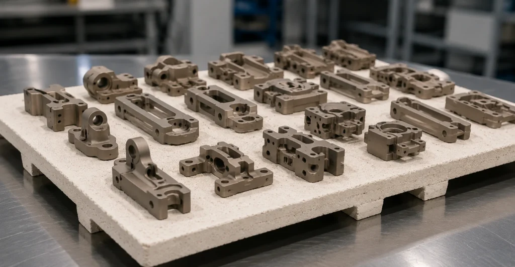 MIM brown parts arranged on setter trays before sintering in a clean industrial process scene