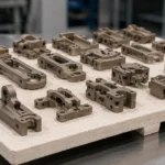 MIM brown parts arranged on setter trays before sintering in a clean industrial process scene