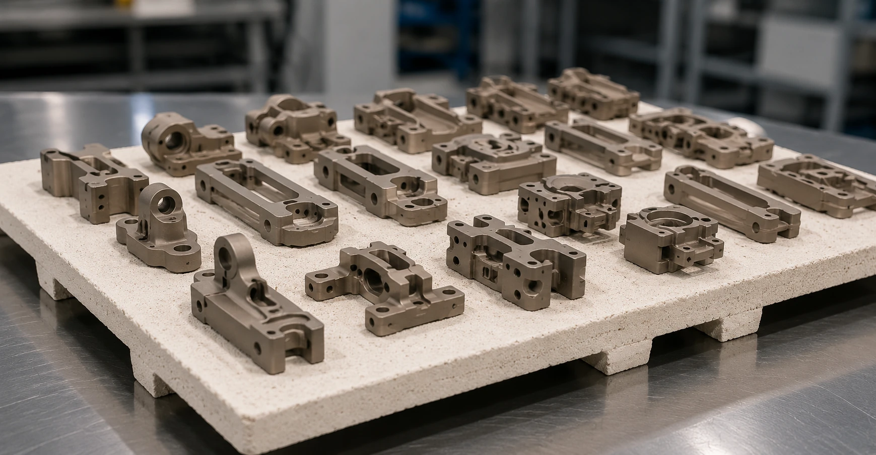 MIM brown parts arranged on a ceramic setter tray before sintering