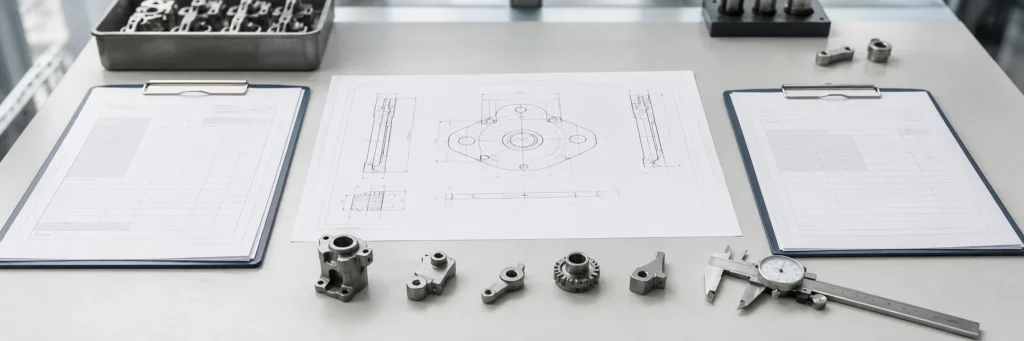 Engineering desk with supplier quote sheets, a shared part drawing, and small metal components prepared for MIM and die casting quote comparison.
