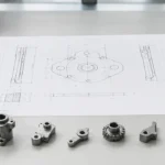 Engineering desk with supplier quote sheets, a shared part drawing, and small metal components prepared for MIM and die casting quote comparison.