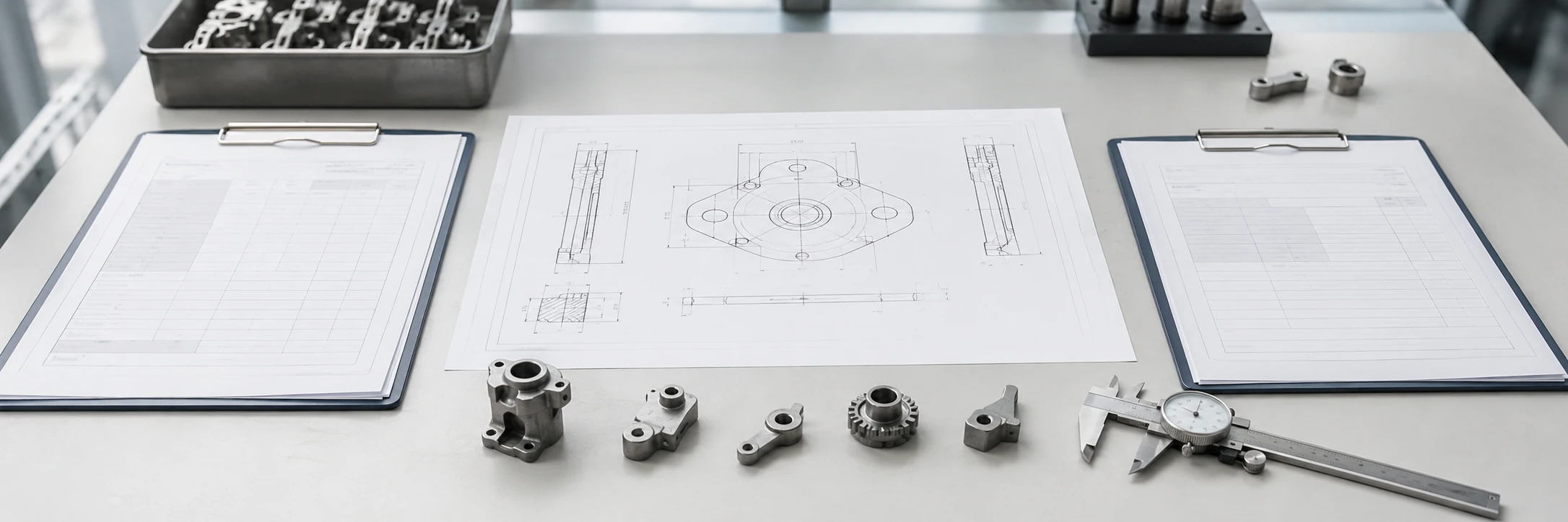 Engineering desk with supplier quote sheets, a shared part drawing, and small metal components prepared for MIM and die casting quote comparison.