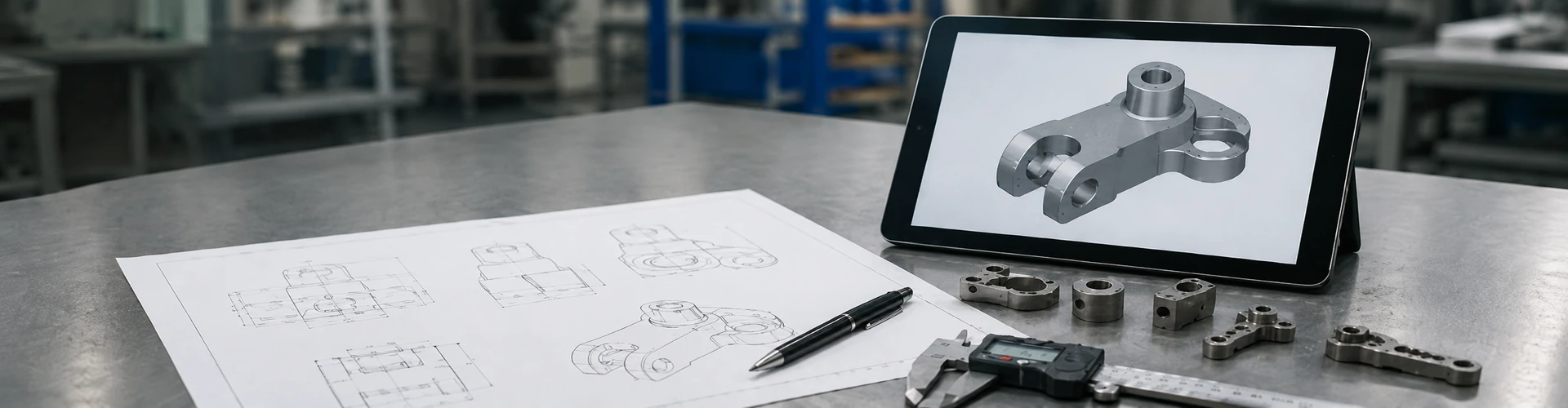 Bancada de engenharia para revisão de desenho MIM com desenho 2D, modelo CAD, paquímetro e pequenas peças de metal de precisão