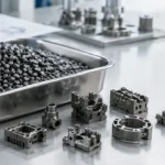 Pellets de feedstock MIM preparados y piezas metálicas complejas pequeñas organizadas para la revisión de selección de materiales antes de la RFQ.