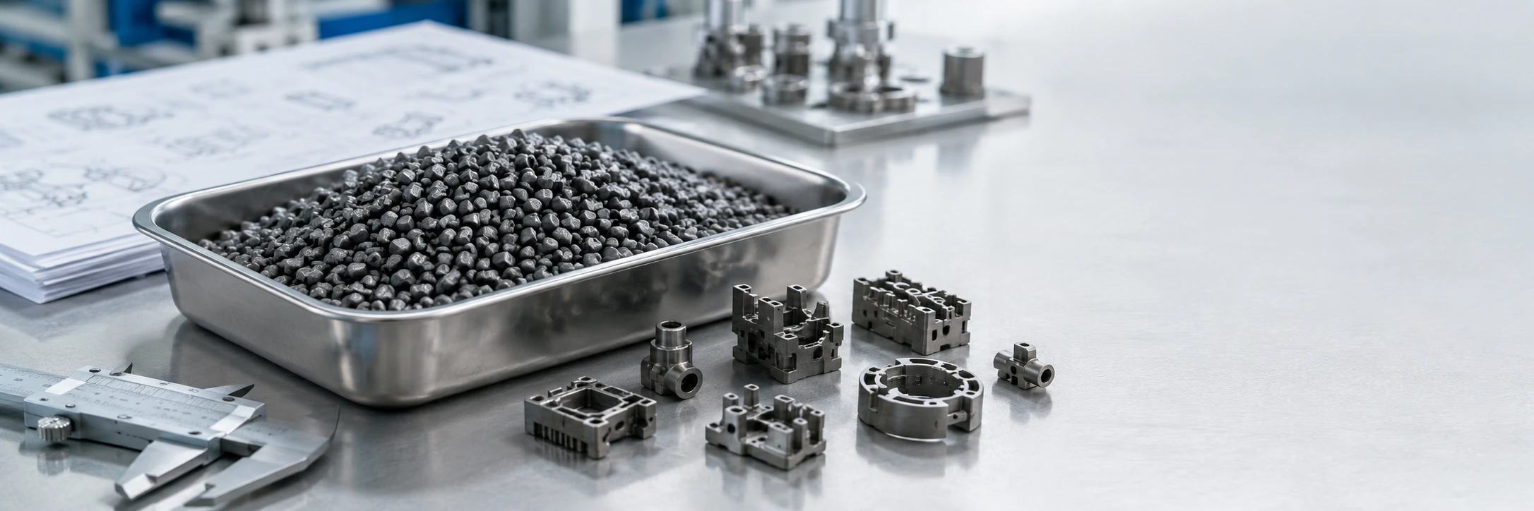 Granulés de feedstock MIM préparés et petites pièces métalliques complexes disposés pour l'examen de la sélection des matériaux avant la RFQ.