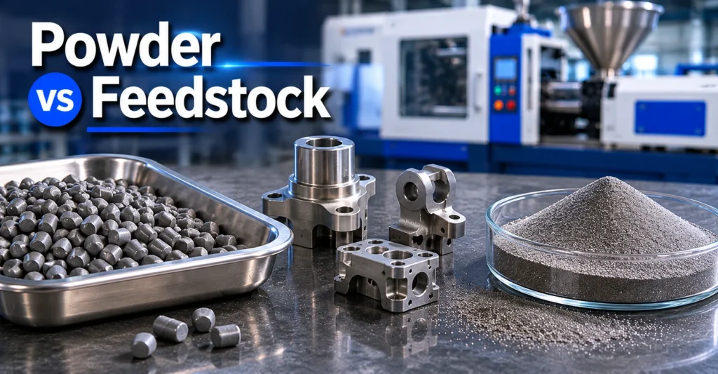 MIM feedstock pellets and metal 3D printing powder compared as different material inputs for metal part production.