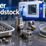 MIM feedstock pellets and metal 3D printing powder compared as different material inputs for metal part production.