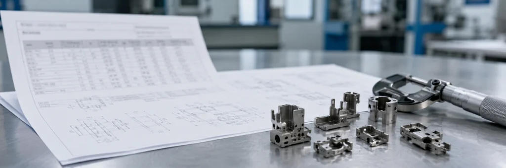 Escritorio de revisión de ingeniería con documentos de materiales MIM, piezas metálicas complejas pequeñas, planos y herramientas de medición para la revisión de decisiones de RFQ.
