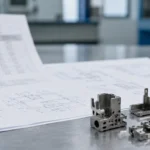 Escritorio de revisión de ingeniería con documentos de materiales MIM, piezas metálicas complejas pequeñas, planos y herramientas de medición para la revisión de decisiones de RFQ.