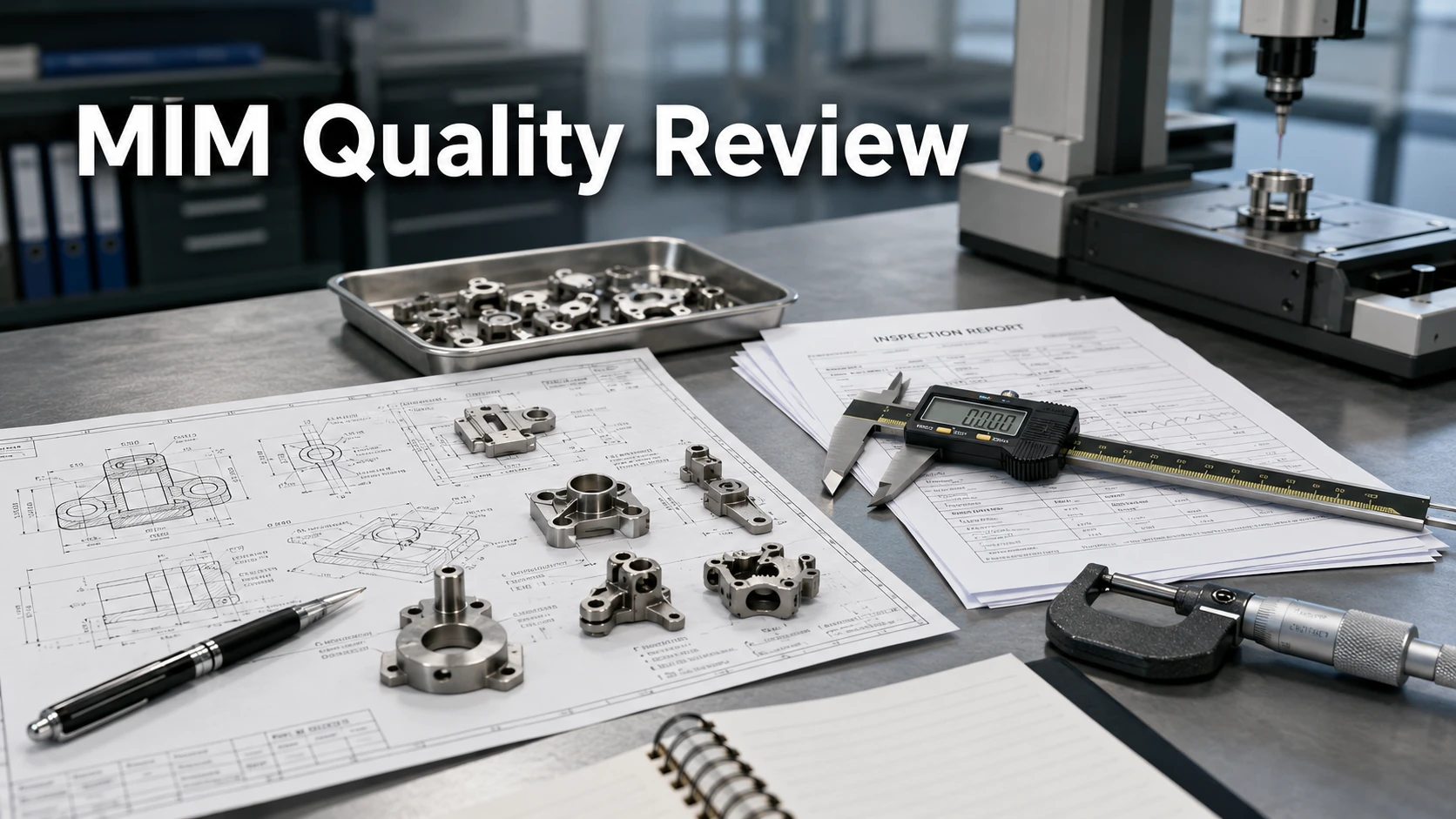 Quality review workbench for MIM parts with drawings, precision metal samples, calipers, and inspection records.
