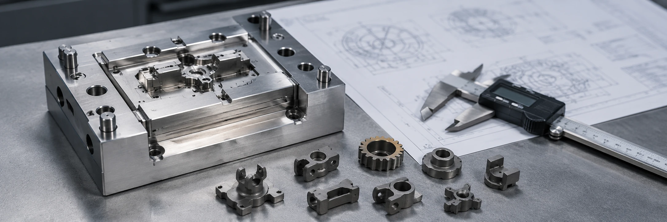 Revisão de custo de ferramental MIM com inserto de molde, peças de metal de precisão, desenho e paquímetro.