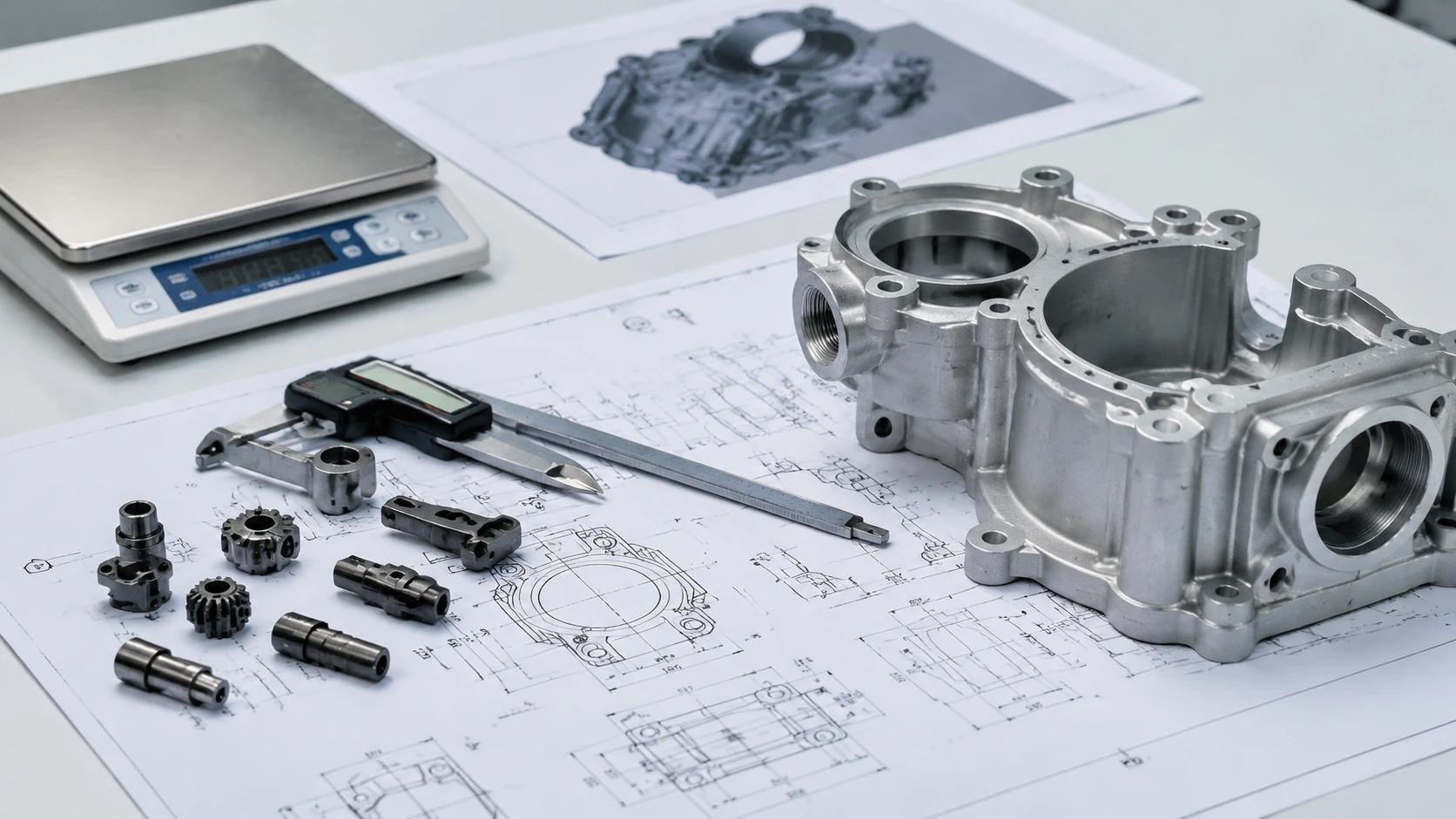 Engineering review desk comparing a small complex metal component and a larger housing-like part before choosing MIM or die casting.