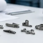 Bureau d'examen technique avec de petites pièces métalliques complexes, une pièce de référence de type fonderie, des pieds à coulisse et des dessins flous pour une comparaison MIM vs fonderie d'investissement en taille et poids.