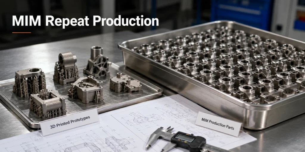 Small MIM production parts shown beside metal 3D printed prototype samples for repeat production review.