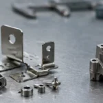 Stamped assembly parts beside a one-piece MIM component on an inspection bench for tolerance stack-up review