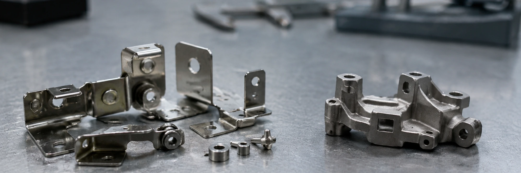 Stamped assembly parts beside a one-piece MIM component on an inspection bench for tolerance stack-up review