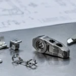 Engineering review desk showing small stamped assembly parts beside a compact one-piece MIM concept component for process selection review.