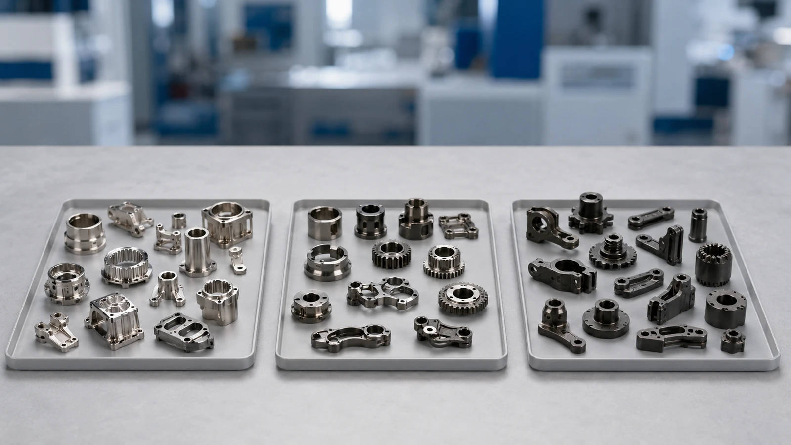 Grouped MIM metal parts representing precipitation-hardening stainless steel, martensitic stainless steel, and low-alloy steel material families.